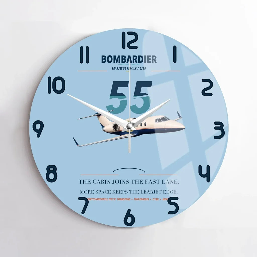 Bombardier Learjet 55 design on light blue no frame wall clock