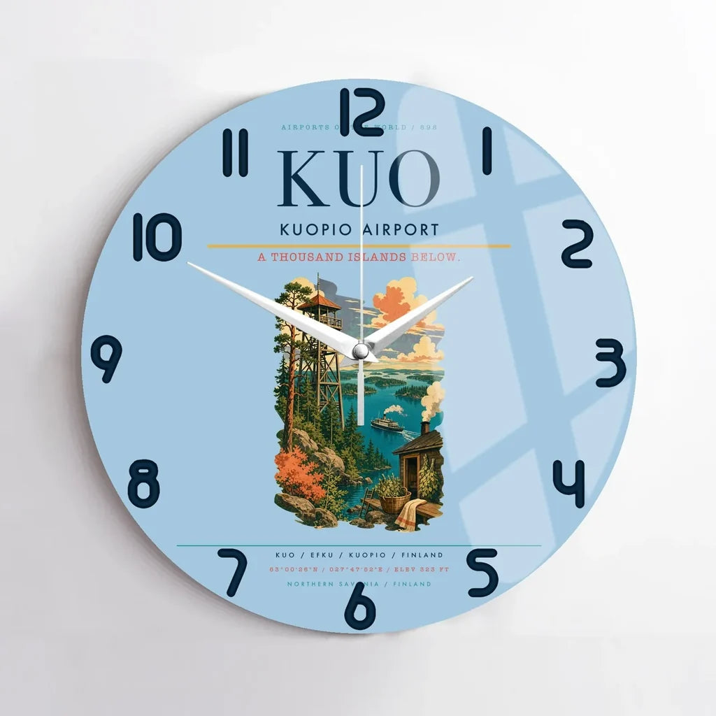 Kuopio Airport (KUO) design on light blue no frame wall clock
