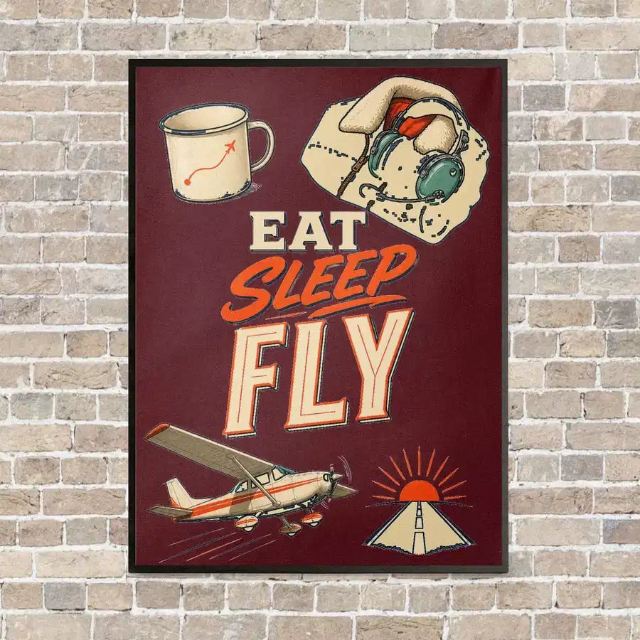 Eat Sleep Fly V2 vertical canvas print - framed - dark red background