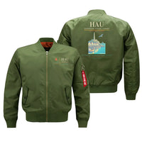 Thumbnail for Haugesund Airport, Karmøy (HAU) design on green bomber jacket