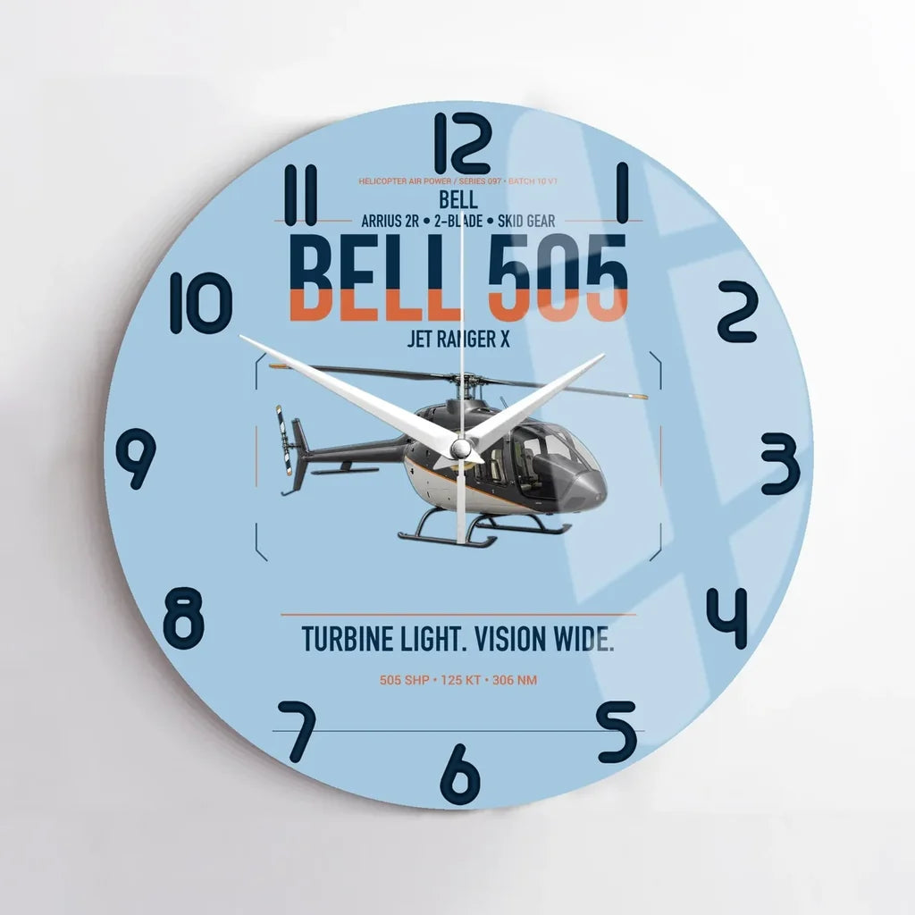 Bell 505 Jet Ranger X design on light blue no frame wall clock