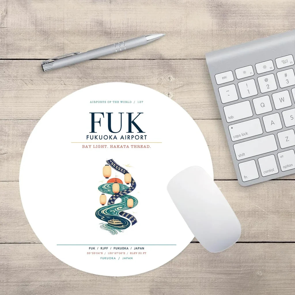 Fukuoka Airport (FUK) design on white round mouse pad