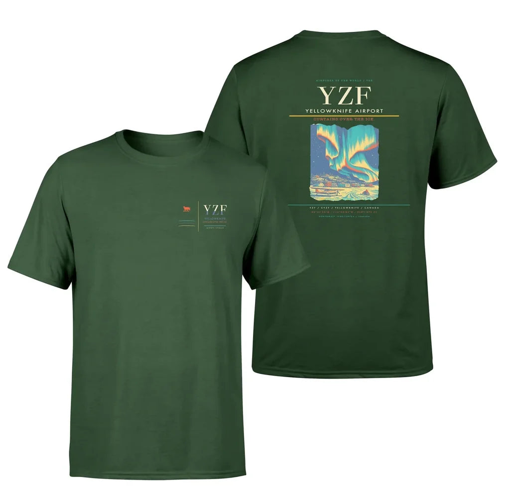 Yellowknife Airport (YZF) design printed on dark green double-side t-shirt