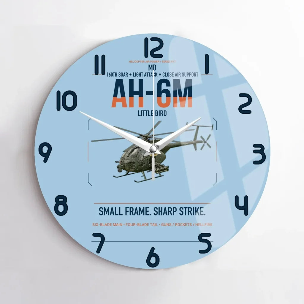 MD AH-6M Little Bird design on light blue no frame wall clock