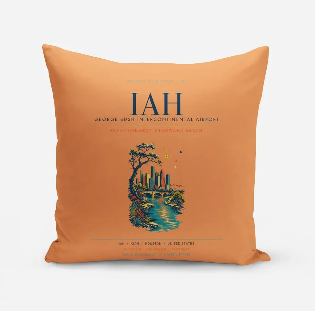 Houston George Bush Intercontinental Airport (IAH) design on orange pillow