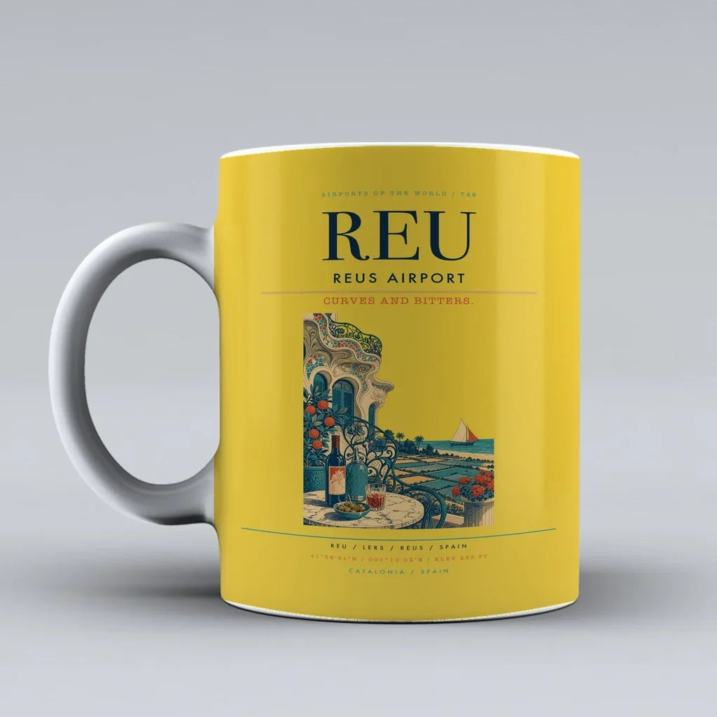 Reus Airport (REU) airport code design on yellow ceramic mug