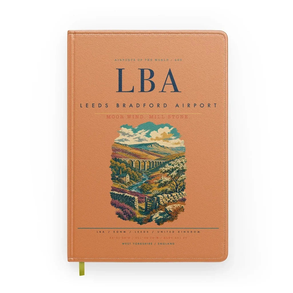 Leeds Bradford Airport (LBA) design on orange notebook