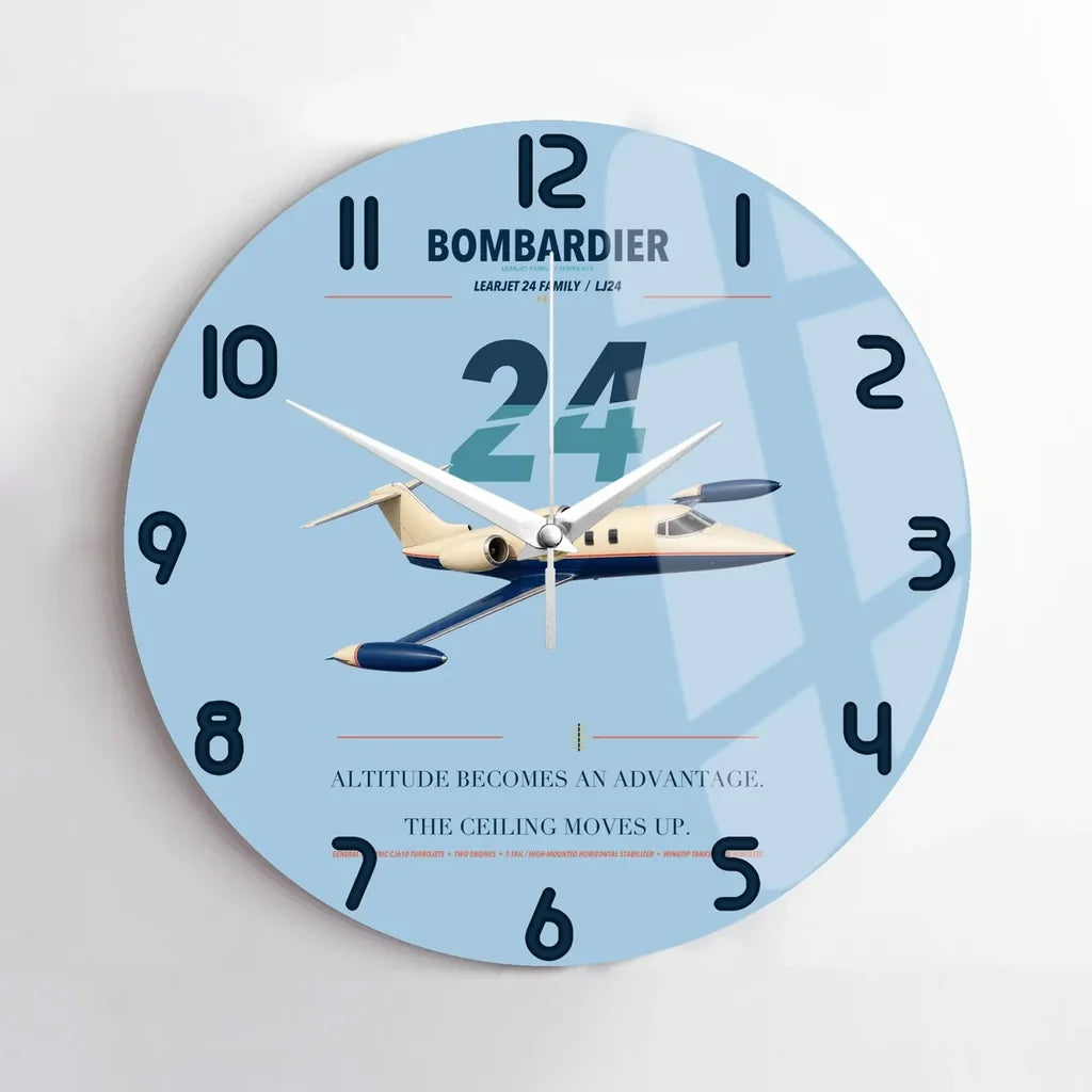 Bombardier Learjet 24 design on light blue no frame wall clock