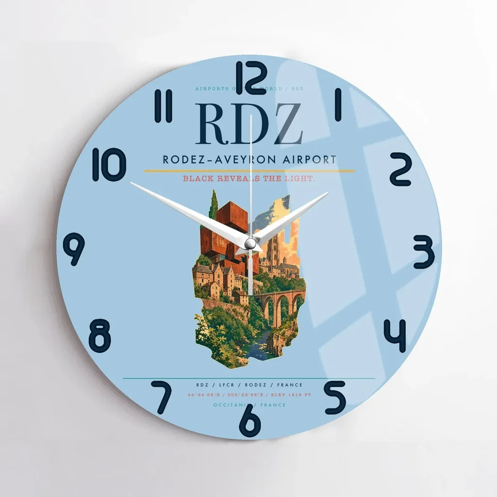 Rodez–Aveyron Airport (RDZ) design on light blue no frame wall clock