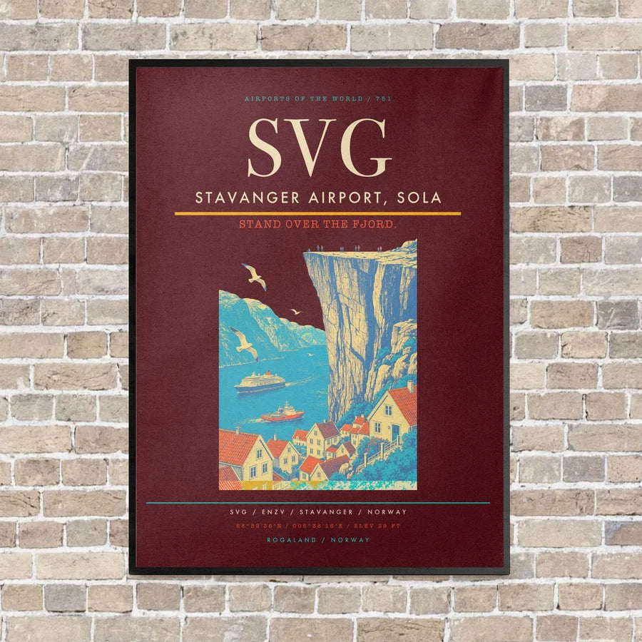 Stavanger Airport, Sola SVG vertical canvas print - framed - dark red background