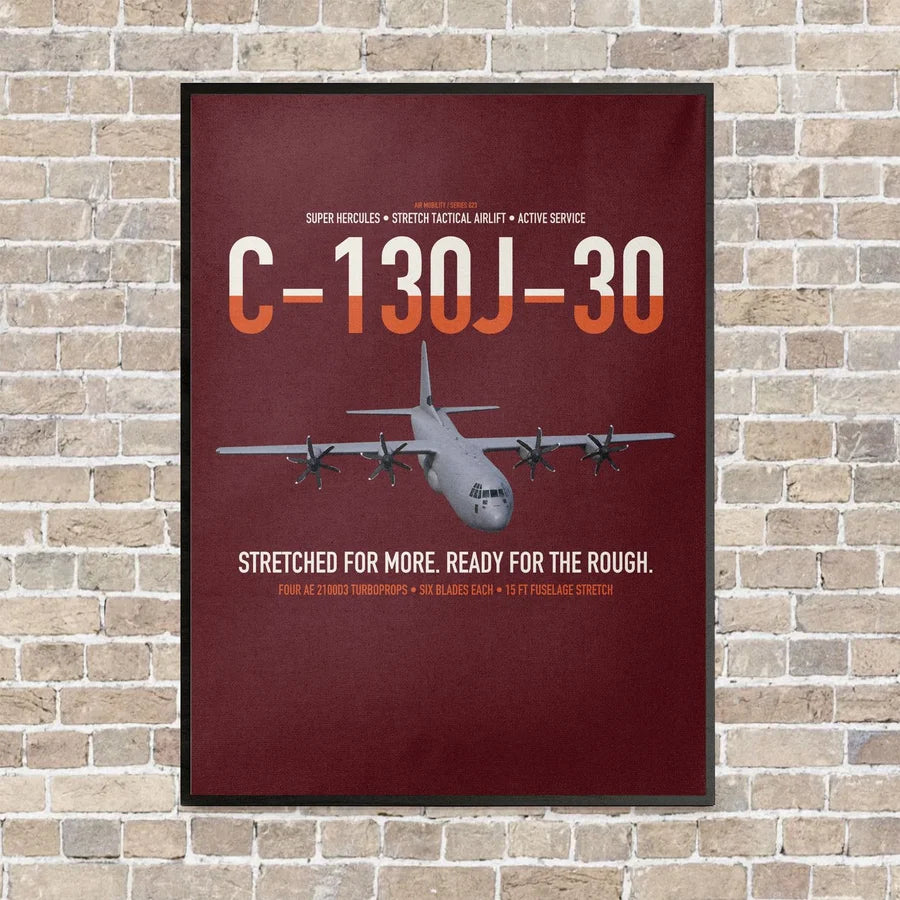 C-130J-30 Super Hercules vertical canvas print - framed - dark red background