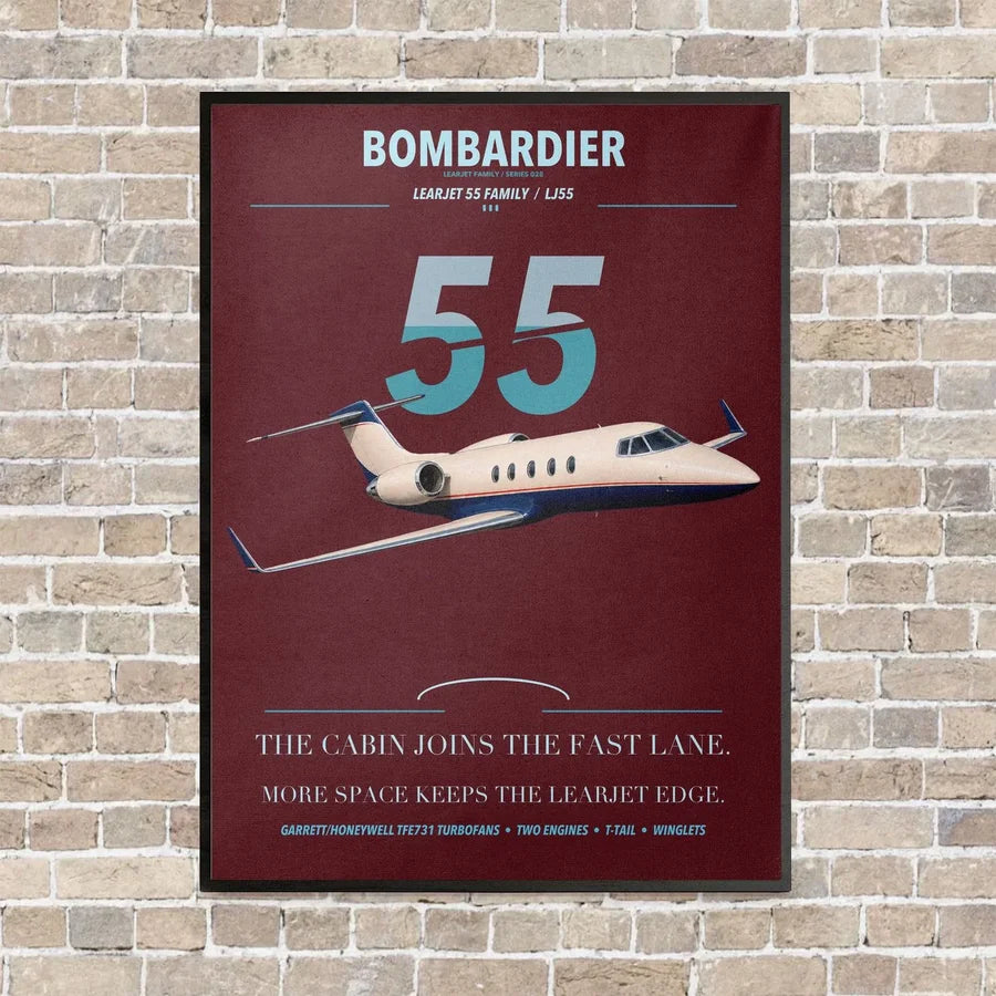 Bombardier Learjet 55 vertical canvas print - framed - dark red background