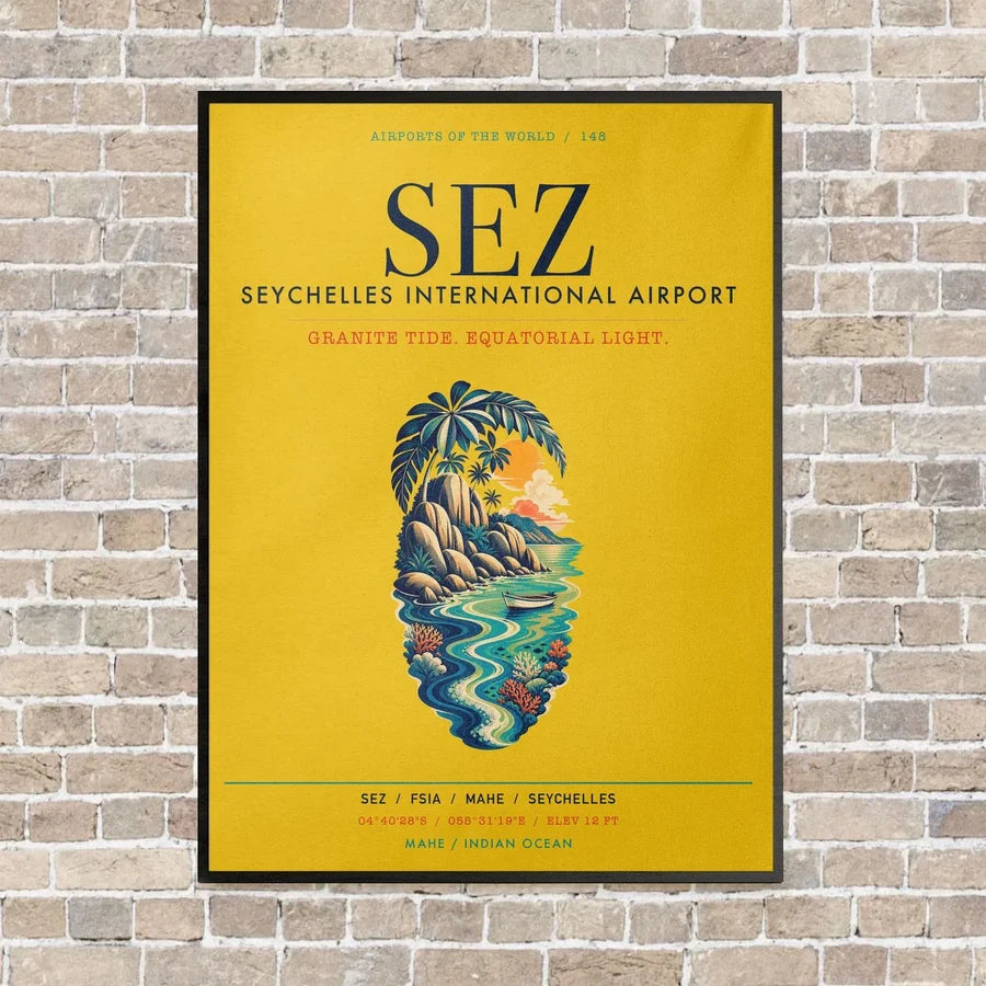 Seychelles International Airport SEZ vertical canvas print - framed - yellow background