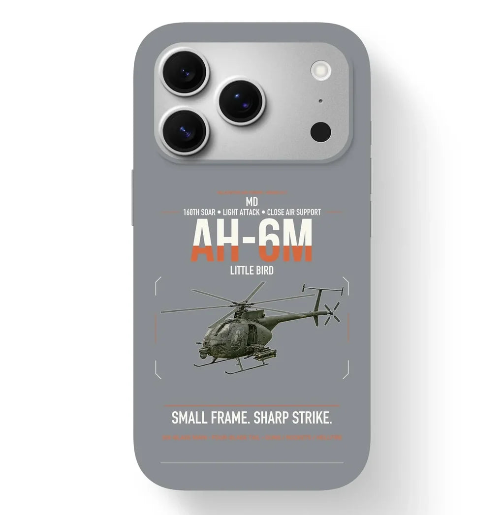 MD AH-6M Little Bird design on gray magsafe iphone case, for iPhone 17 Pro