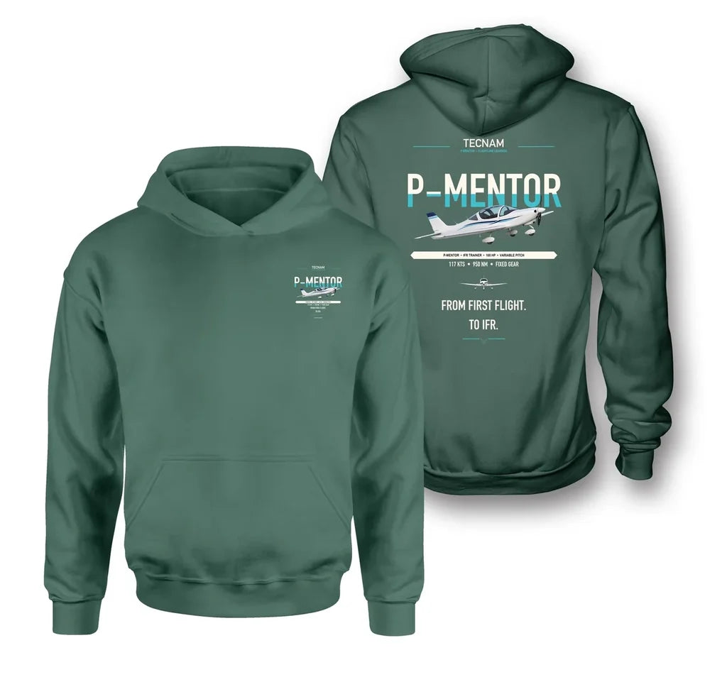 Tecnam P-Mentor design on green double-side hoodie, double-side print