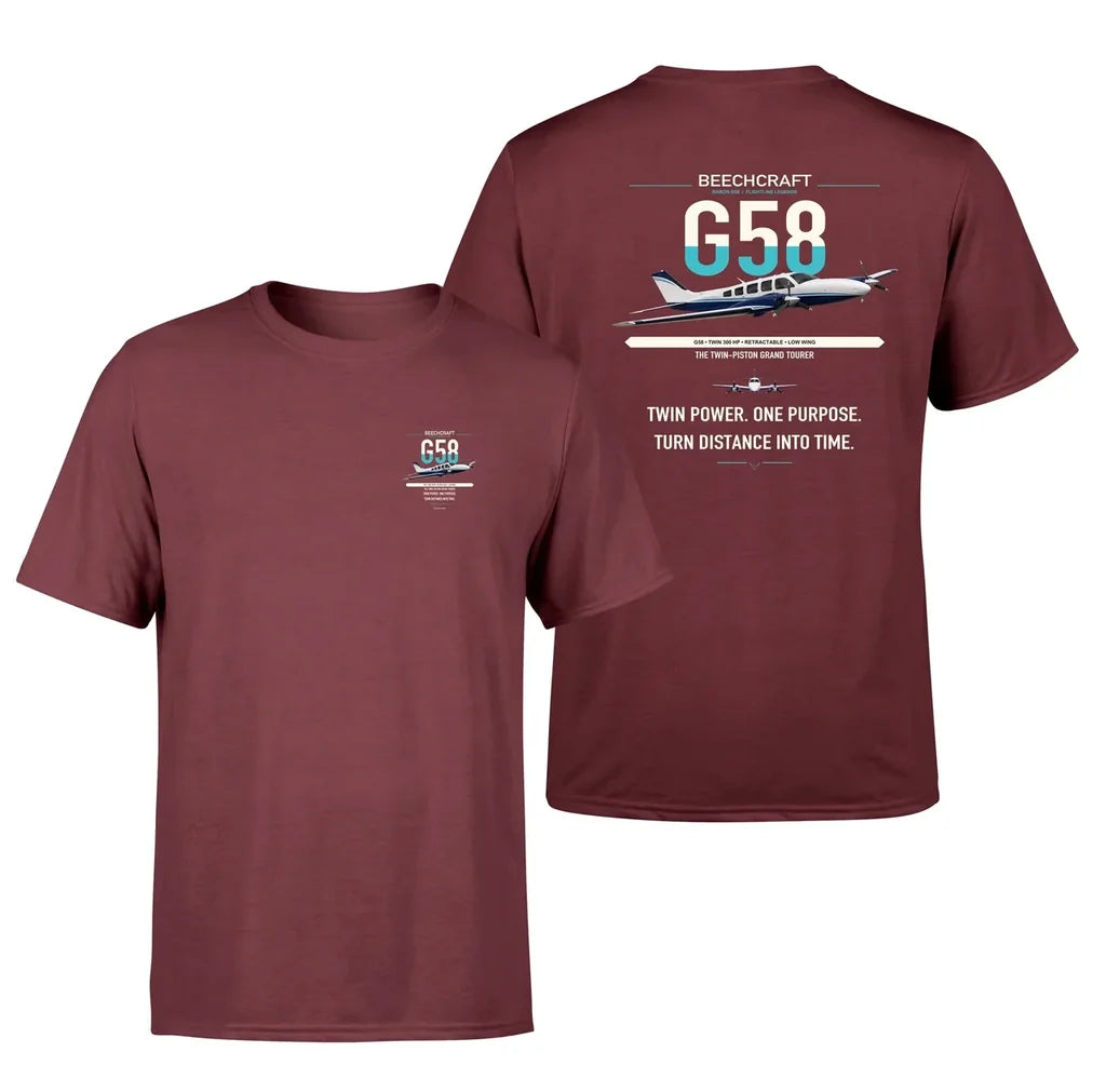 Beechcraft Baron G58 design on dark red t-shirt, double-side print