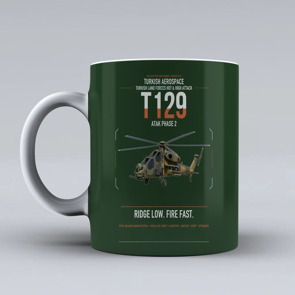 Turkish Aerospace T129 ATAK Phase 2 design on dark green ceramic mug, double-side print