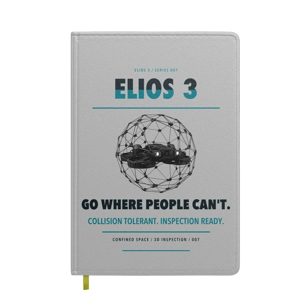 Flyability Elios 3 design on light gray notebook