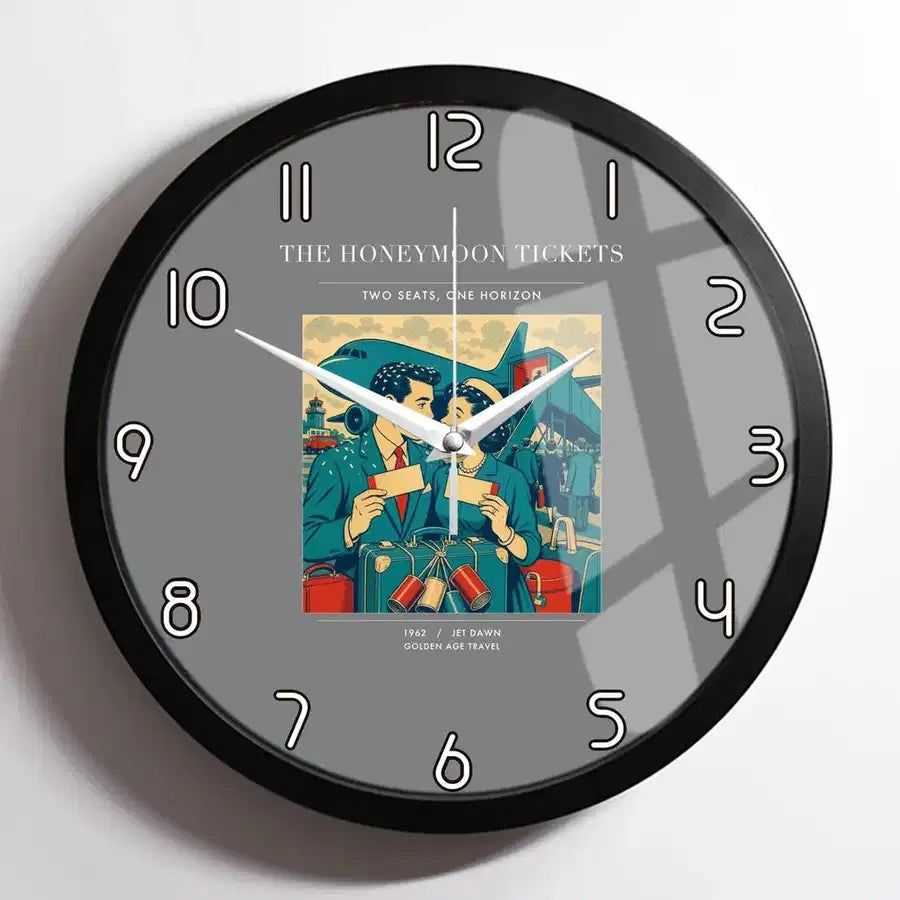 VINTAGE G4227 - The Honeymoon Tickets - Designed Wall Clocks design on gray framed