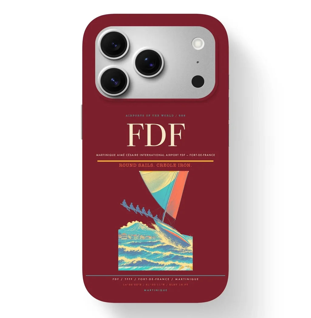 Fort-de-France Airport (FDF) design on dark red iPhone 17 Pro MagSafe case