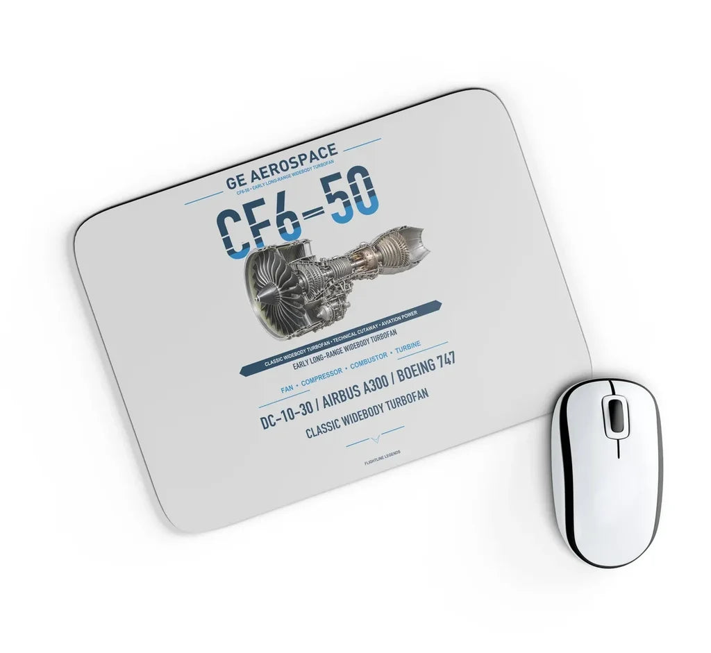 CF6-50 design on light gray rectangle mouse pad
