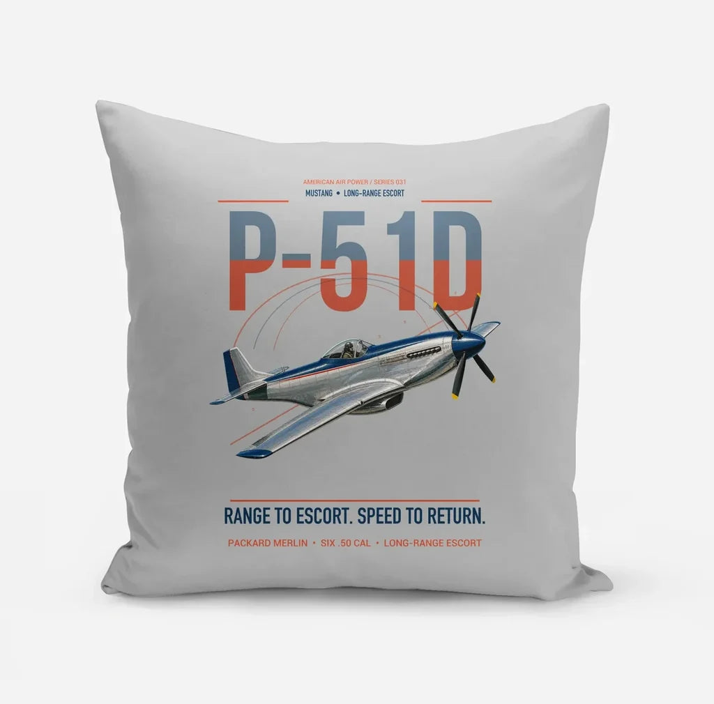 P-51D Mustang design on light gray pillow
