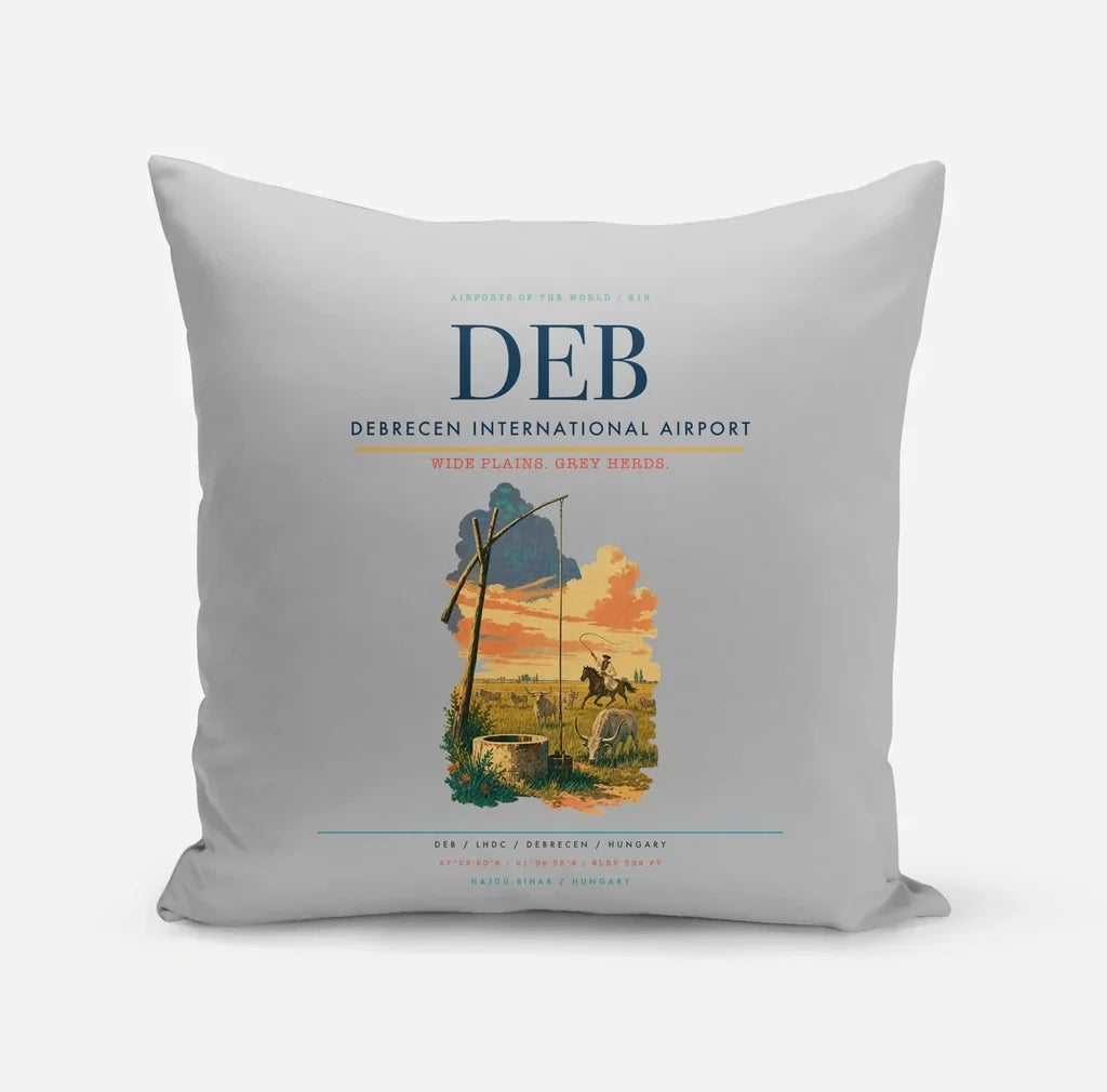 Debrecen International Airport (DEB) design on light gray pillow