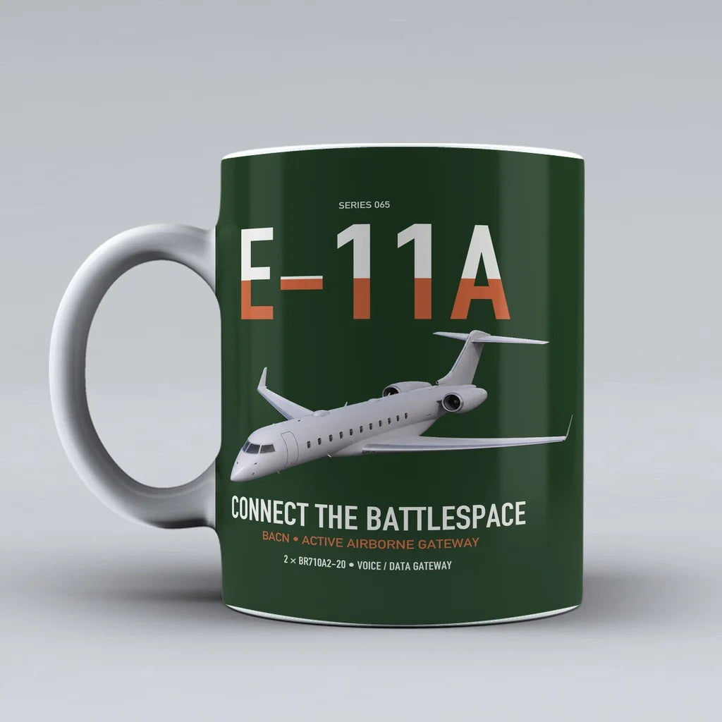 E-11A BACN design on dark green ceramic mug, double-side print