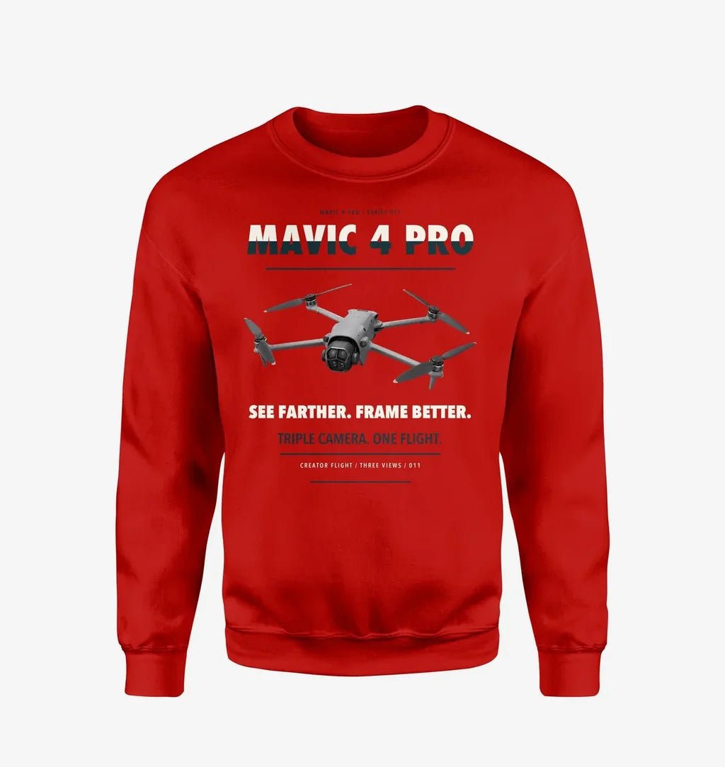 DJI Mavic 4 Pro design on red sweatshirt