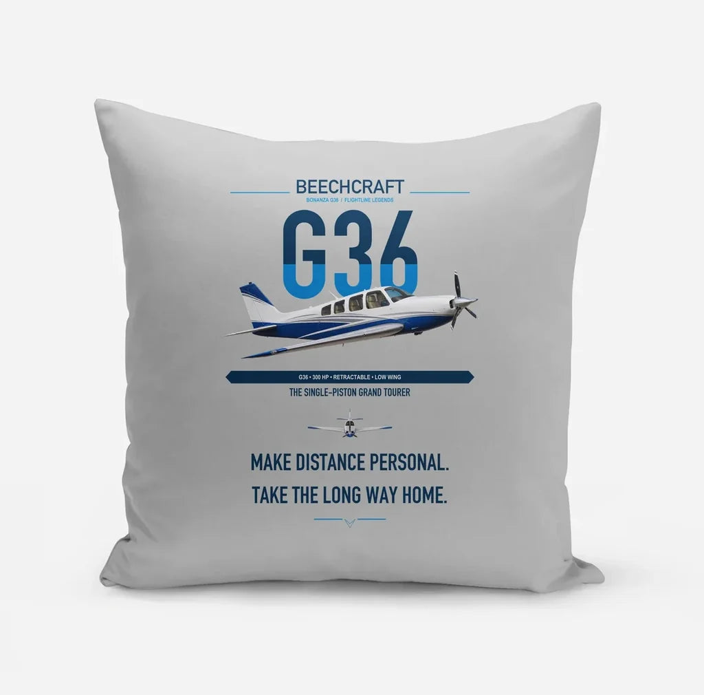 Beechcraft Bonanza G36 design on light gray pillow