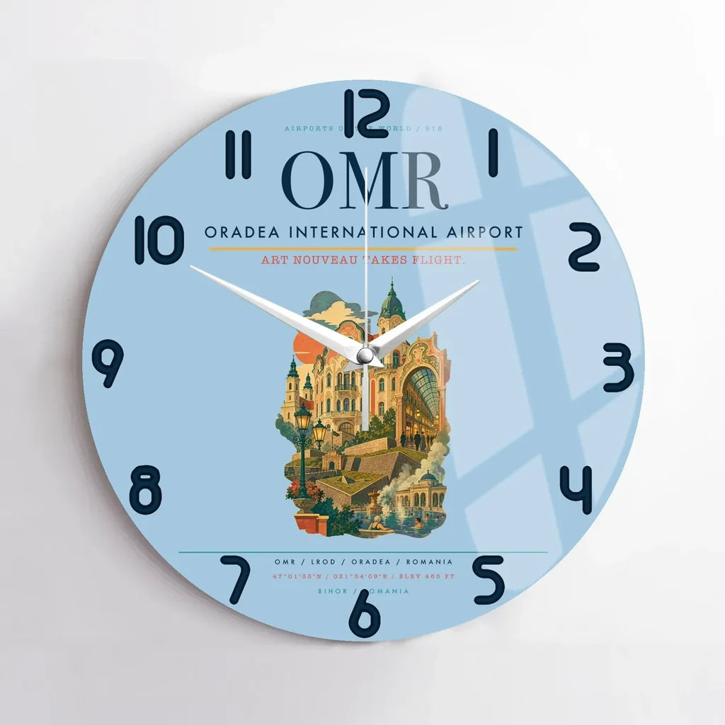 Oradea International Airport (OMR) design on light blue no frame wall clock