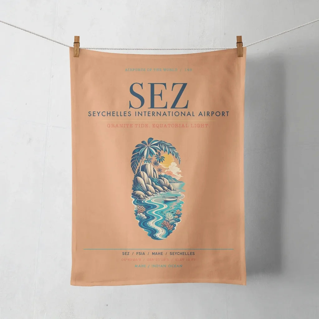 Seychelles International Airport (SEZ) design on orange towel