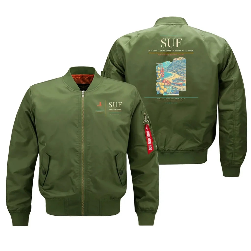 Lamezia Terme International Airport (SUF) design on green bomber jacket