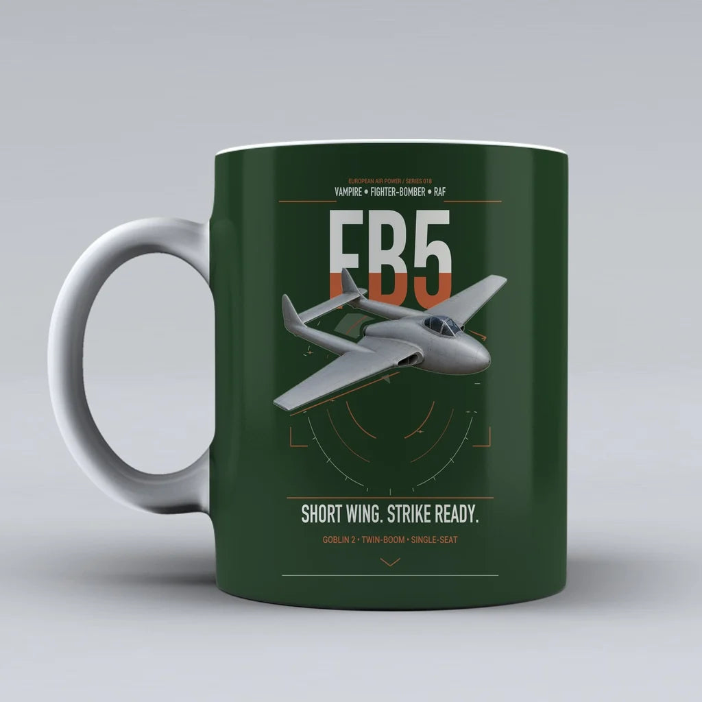 de Havilland Vampire FB5 design on dark green ceramic mug, double-side print