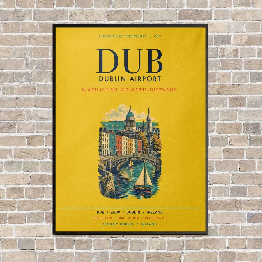 Dublin Airport DUB vertical canvas print - framed - yellow background