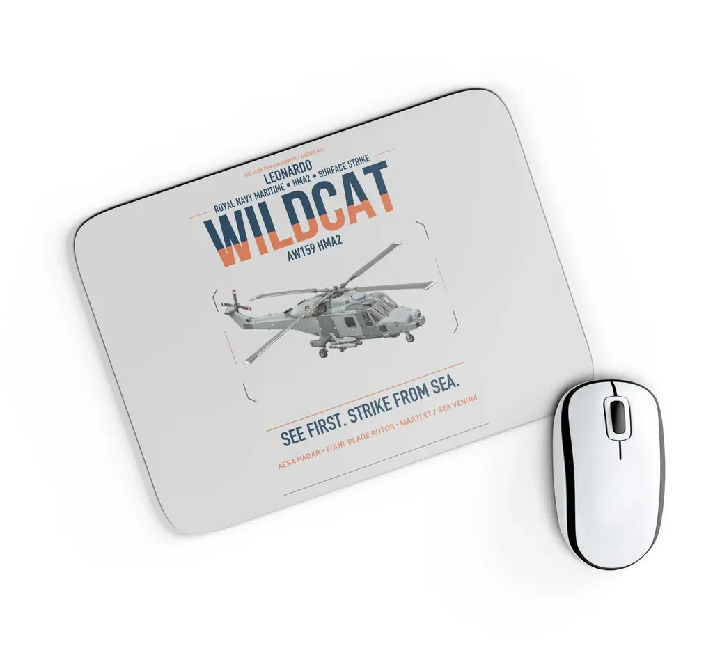 Leonardo AW159 Wildcat HMA2 design on light gray rectangle mouse pad