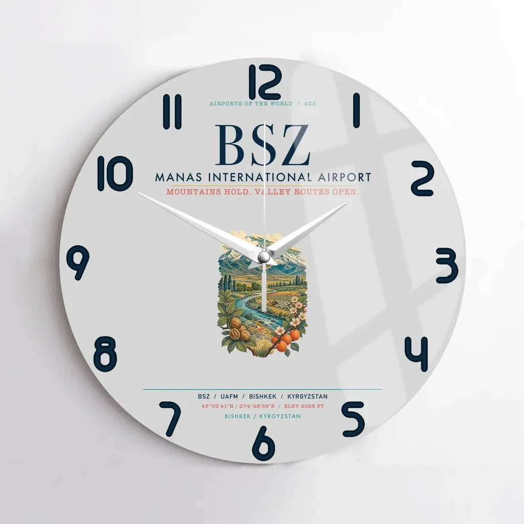 Manas International Airport Bishkek (BSZ) design on light gray no frame wall clock