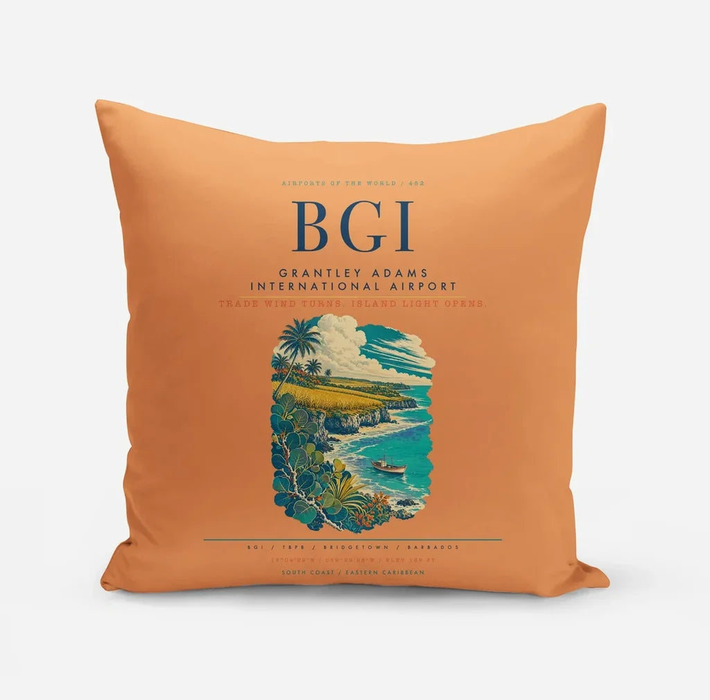 Grantley Adams International Airport (BGI) design on orange pillow