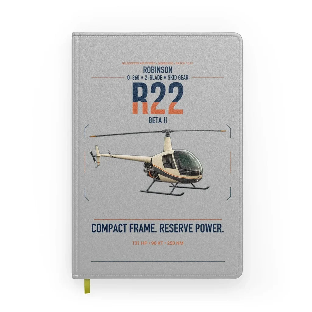 Robinson R22 Beta II design on light gray notebook
