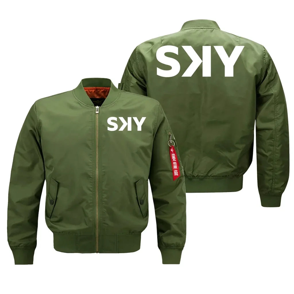 SKY Airline aviation design embroidered on green bomber jacket