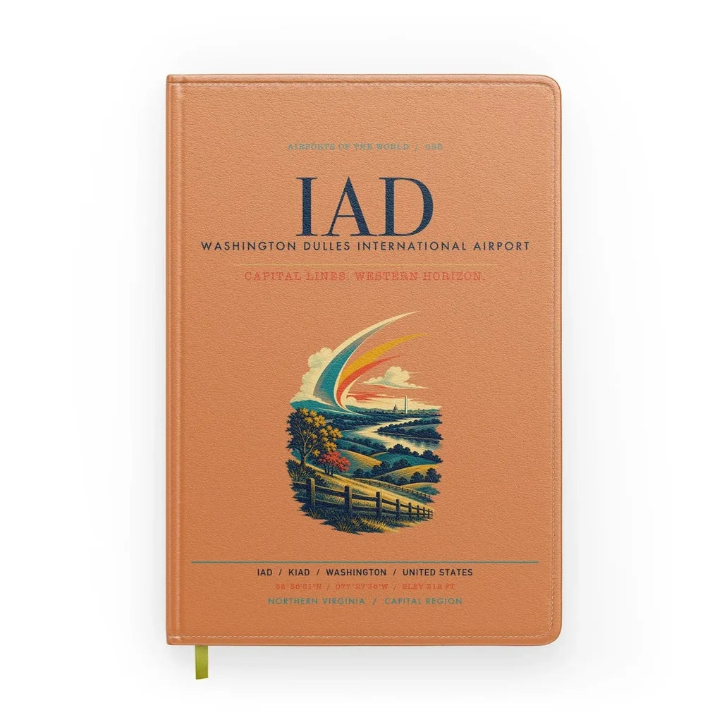 Washington Dulles International Airport (IAD) design on orange notebook