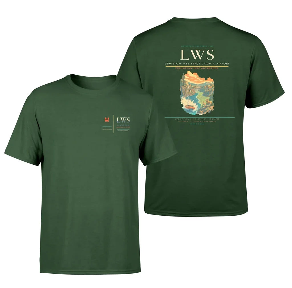 Lewiston–Nez Perce County Airport (LWS) design printed on dark green double-side t-shirt