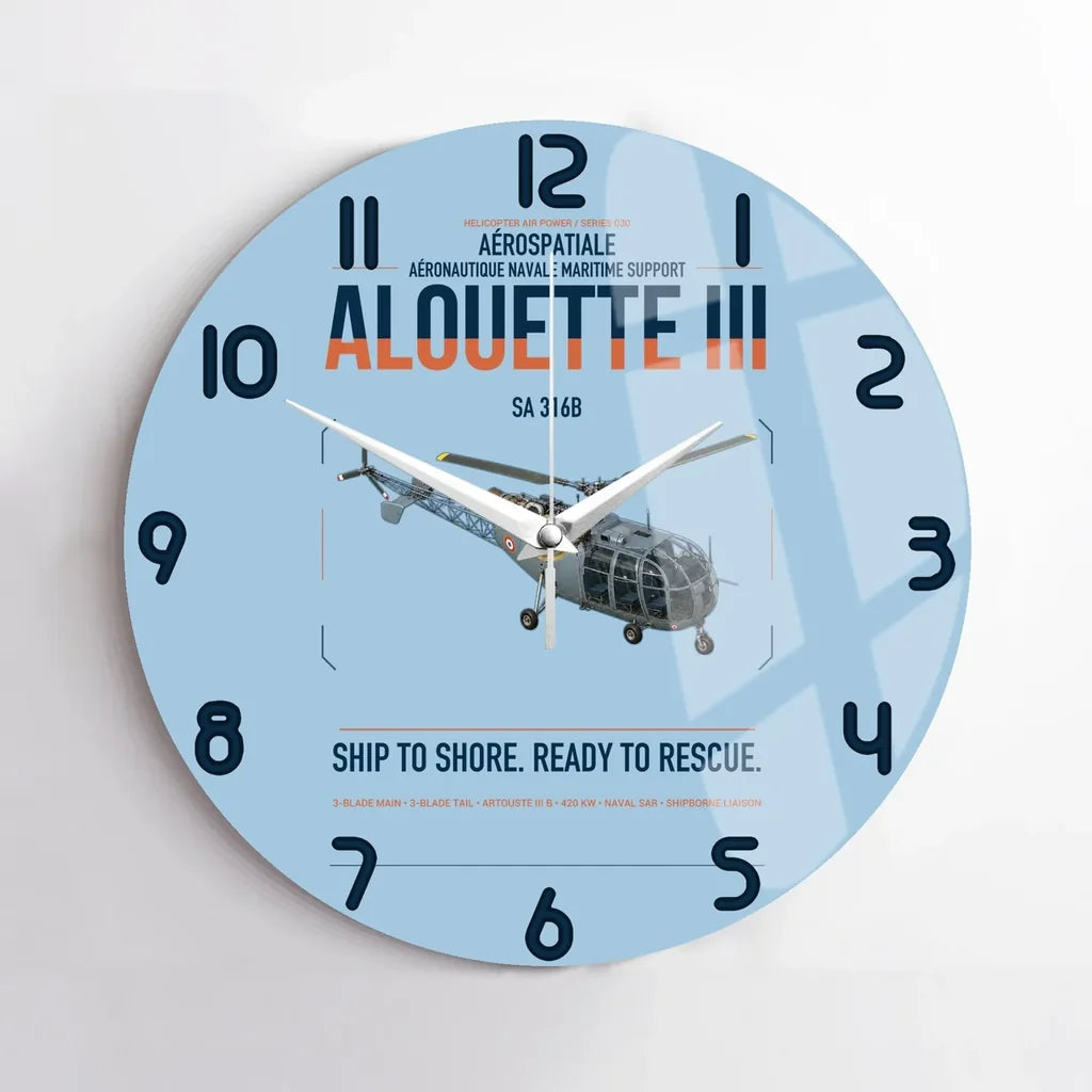 Aérospatiale SA 316B Alouette III design on light blue no frame wall clock