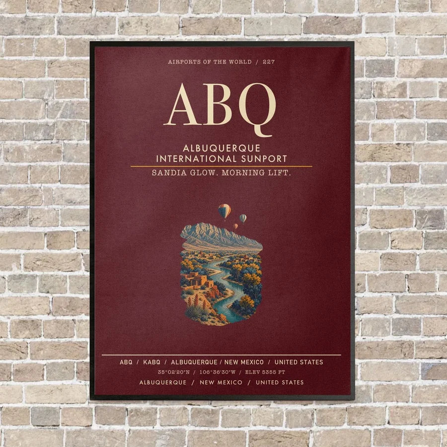 Albuquerque International Sunport ABQ vertical canvas print - framed - dark red background