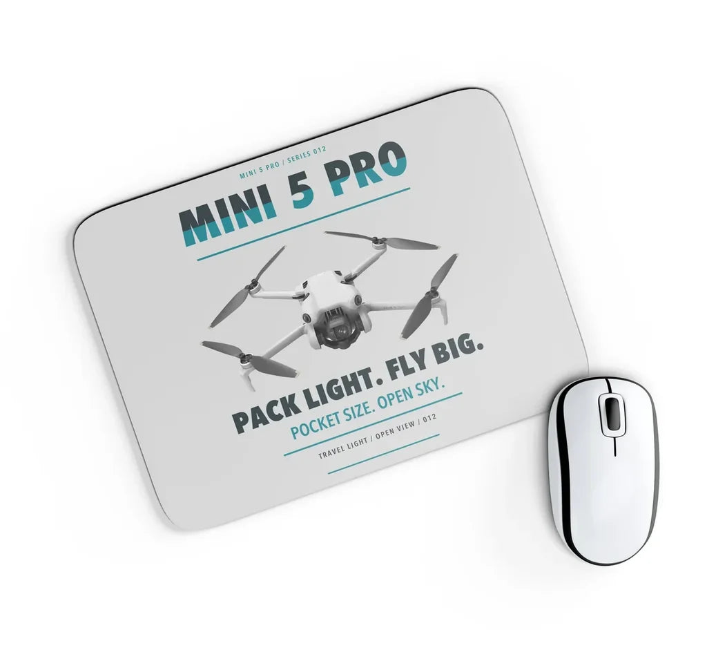 DJI Mini 5 Pro design on light gray rectangle mouse pad