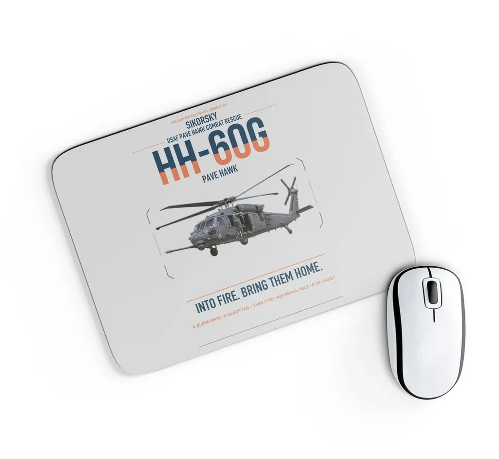 Sikorsky HH-60G Pave Hawk design on light gray rectangle mouse pad