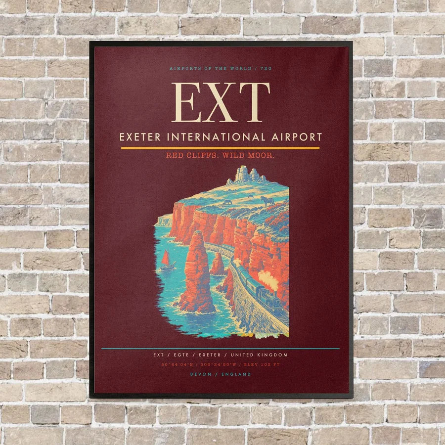 Exeter International Airport EXT vertical canvas print - framed - dark red background