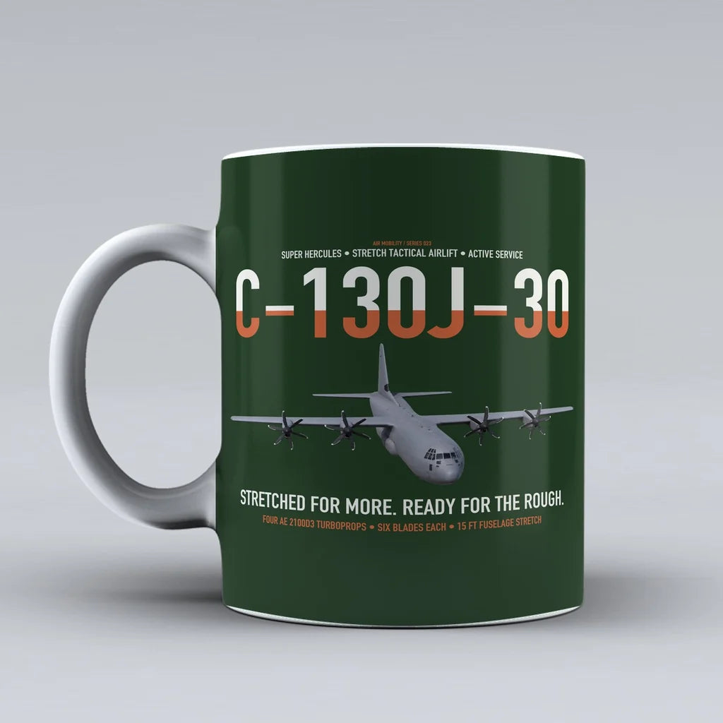 C-130J-30 Super Hercules design on dark green ceramic mug, double-side print