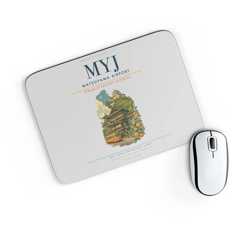 Matsuyama Airport (MYJ) design on light gray rectangle mouse pad