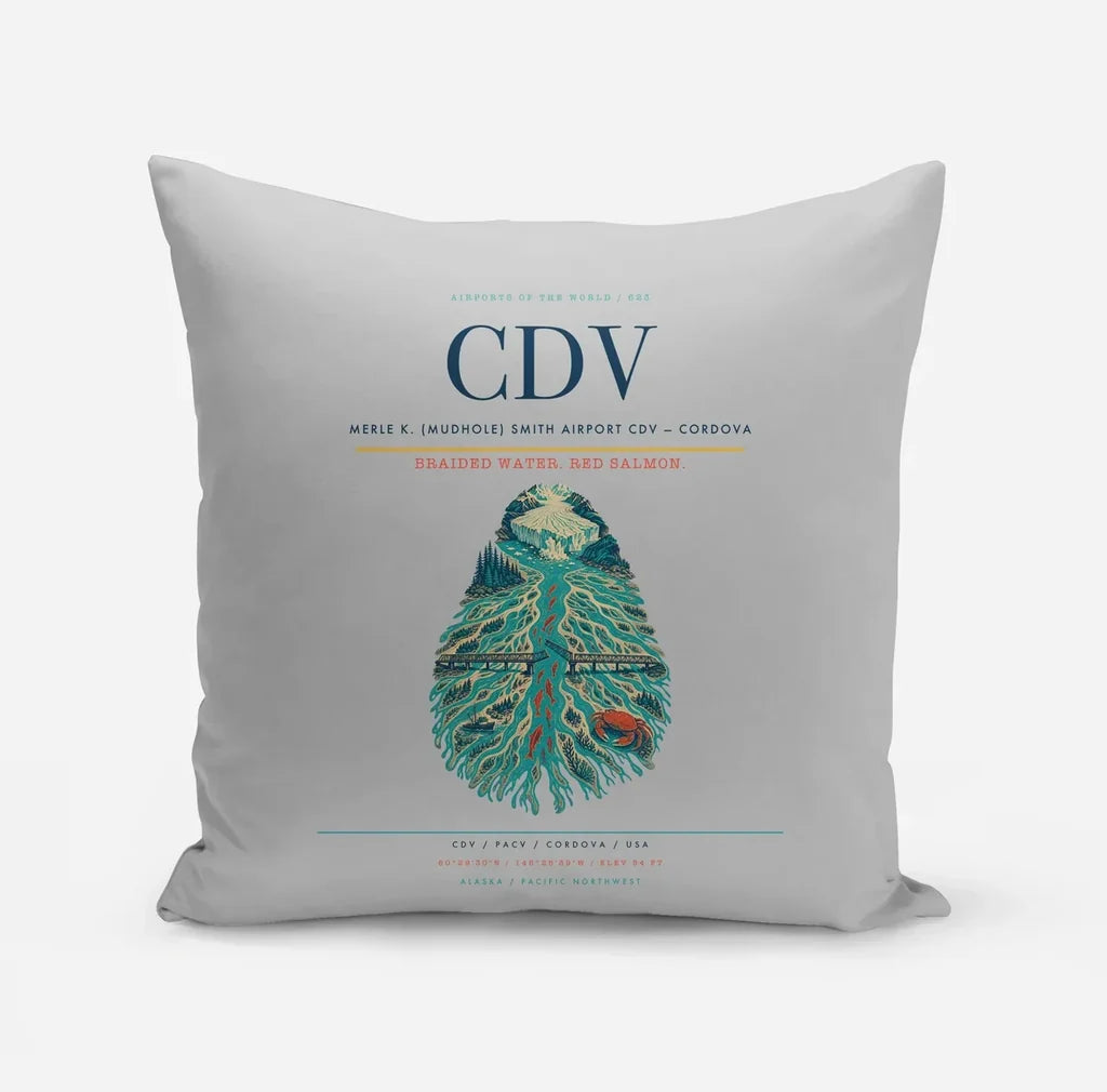 Merle K. (Mudhole) Smith Airport (CDV) design on light gray pillow